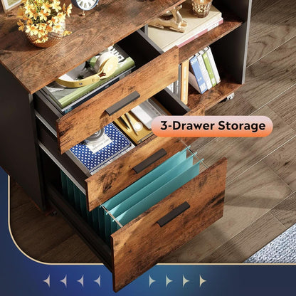 Rustic Brown 3 Drawer Mobile File Cabinet With Open Shelves Printer Stand For Home Office